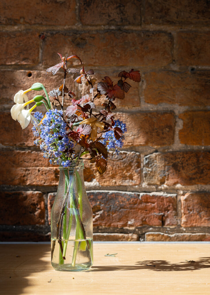 Posy of flowers in a milk bottle at Clumber Park Walled Garden