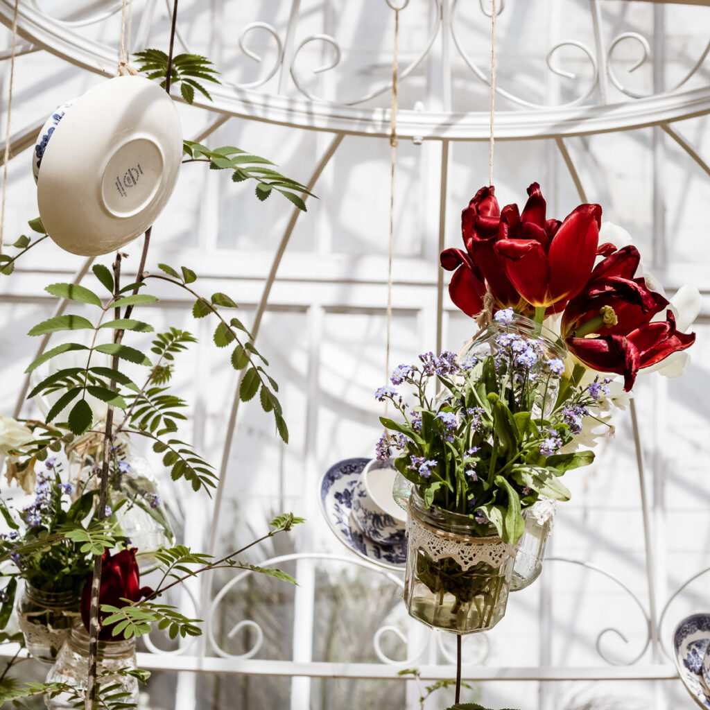 Hanging flowers in the glasshouse at Clumber Park Walled Garden