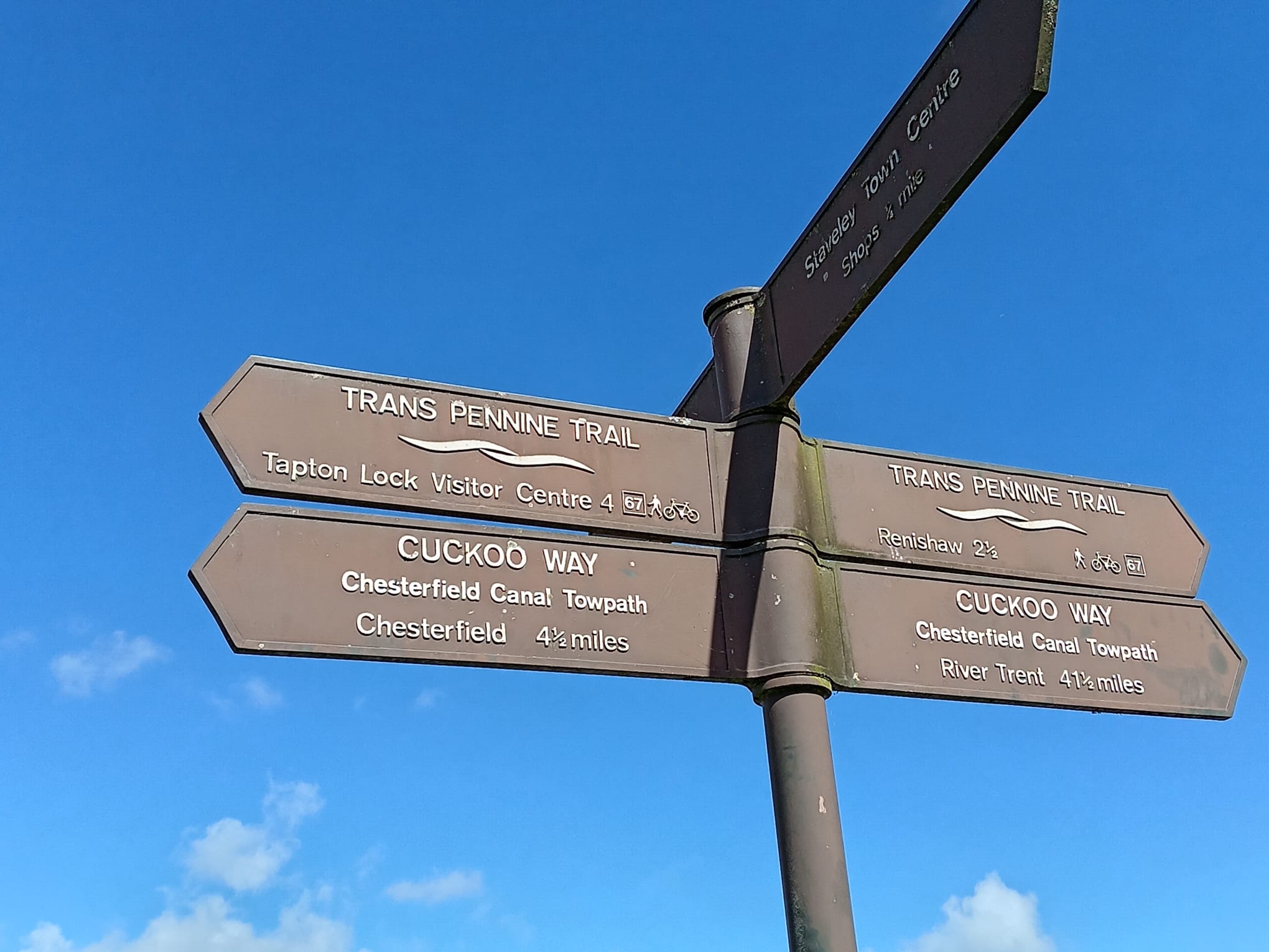 Signpost showing the direction of the Trans-Pennine Trail and Cuckoo Way on the Chesterfield Canal